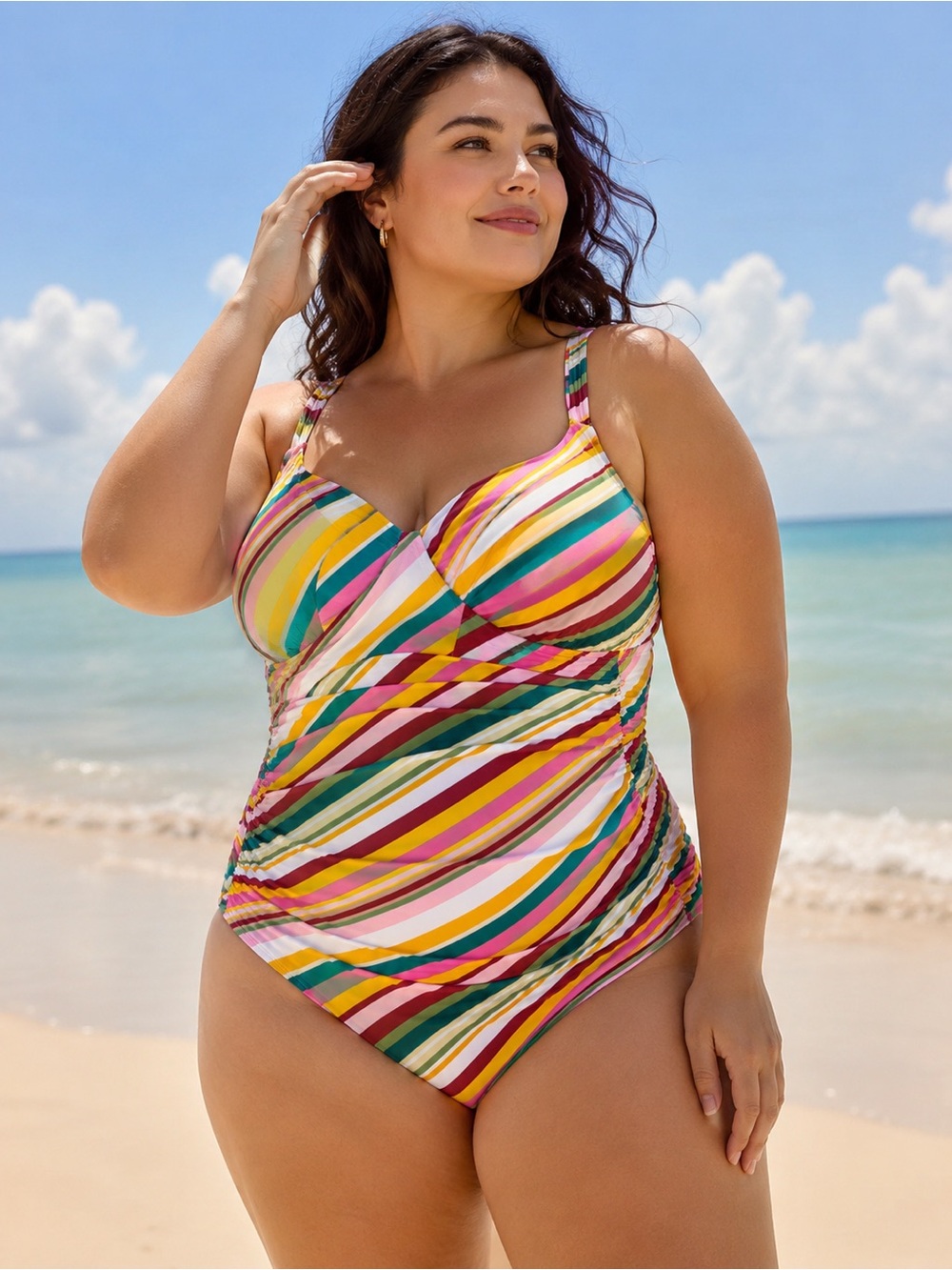 Torrid Multicolor Striped Ruched One-Piece Swimsuit Size 2 Colorful Slimming